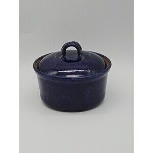 Vintage Stoneware Speckled Cobalt Blue Hand Made Sugar Bowl Signed by Artist